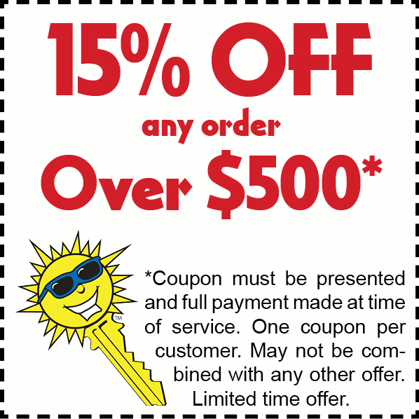 Fifteen percent off any order over $500. See section below for text meant for the visually impaired.