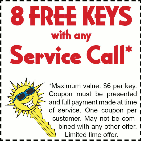 Eight free keys with any service call. See section below for text meant for the visually impaired.