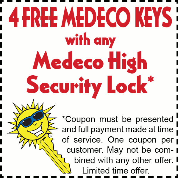 Four free Medeco keys with any Medeco high security lock. See section below for text meant for the visually impaired.